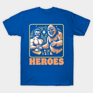 Heroes! Funny Sasquatch and Eighties WWF Wrestler Shaking Hands T-Shirt